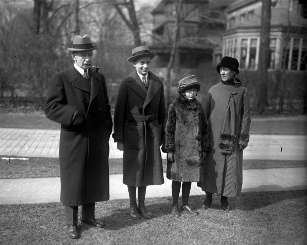 Vice President-elect Charles G. Dawes, with his wife Caro and children Dana and Virginia, before leaving Evanston for Washington in 1925. Dawes would be inaugurated with President Calvin Coolidge, 100 years ago this March. (Chicago Tribune historical photo) 