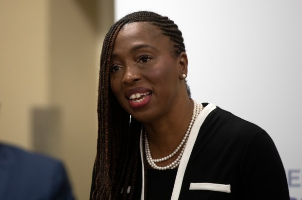 Dr. Ngozi Ezike at a news conference announcing her new position as president and CEO of Sinai Chicago on April 14, 2022, at Mount Sinai Hospital in Chicago. (Erin Hooley/Chicago Tribune)