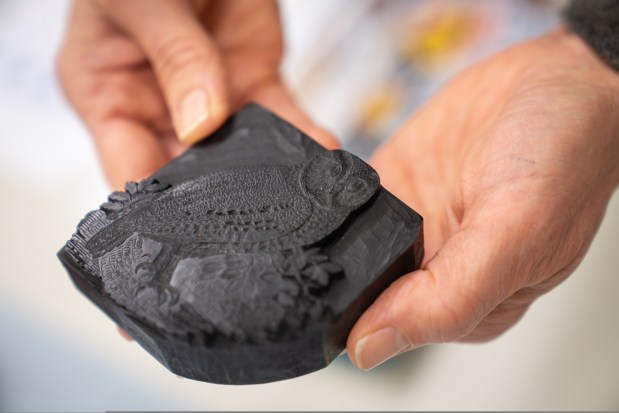 Kimberly Nichols, director of conservation at Newberry Library, holds a wood block carving of a tawny owl made by Thomas Bewick in the late 1700s while library workers help plan "Winging It: A brief history of humanity's history with birds", on Jan. 28, 2025. (Audrey Richardson/Chicago Tribune)