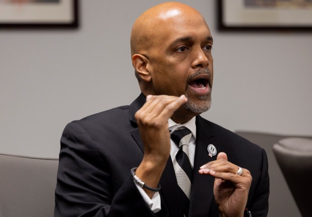 Clayton Harris III, then-candidate for Cook County state's attorney, speaks with members of the Chicago Tribune Editorial Board, Feb. 14, 2024. (Vincent Alban/Chicago Tribune)