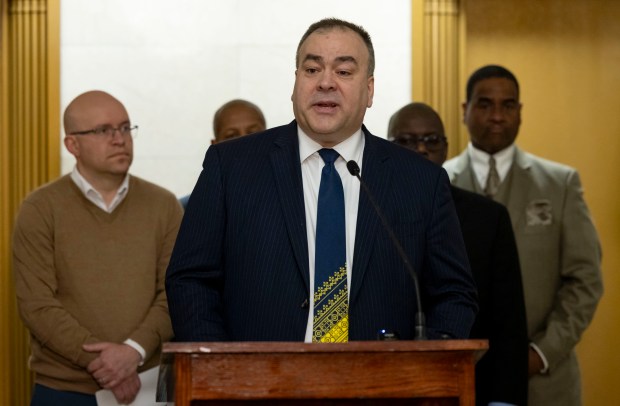 Cook County Assessor Fritz Kaegi speaks about the results of the triennial reassessment and proposed property tax relief legislation on Jan. 29, 2025, at the County Building. (Brian Cassella/Chicago Tribune)