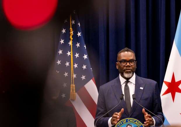 Mayor Brandon Johnson speaks after a City Council meeting on Jan. 15, 2025, at Chicago City Hall. (Brian Cassella/Chicago Tribune)