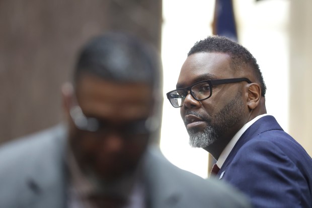 Mayor Brandon Johnson looks towards Ald. Chris Taliaferro, 29th, during city council at City Hall on Sept. 14, 2023. (Talia Sprague/Chicago Tribune)