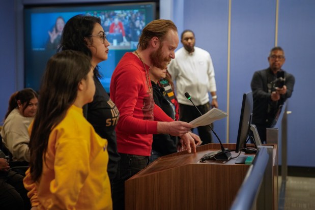 Steve McNamee, a special education teacher at Octavio Paz Elementary - an Acero school - speaks at the Board of Education meeting, Jan. 30, 2025. (Audrey Richardson/Chicago Tribune)