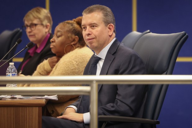 Chicago Public Schools CEO Pedro Martinez listens at the Board of Education meeting Jan. 30, 2025. (Audrey Richardson/Chicago Tribune)