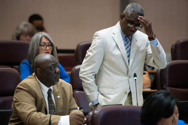 Ald. David Moore, 17th ward, argues in favor to funding for migrant aid in the city council chambers on May 31, 2023. (E. Jason Wambsgans/Chicago Tribune)