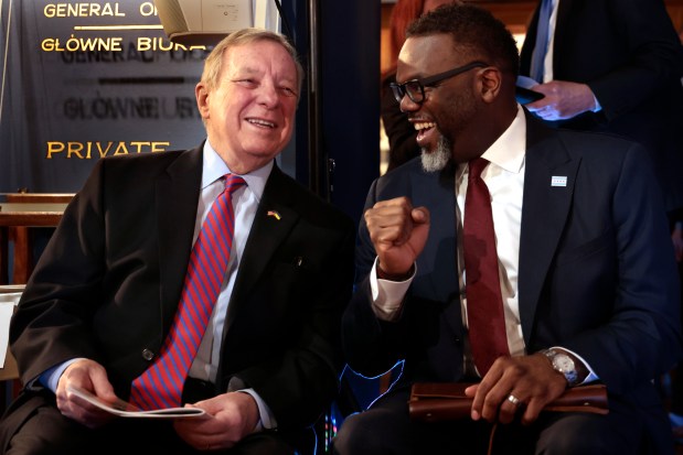 U.S. Senator Dick Durbin chats with Mayor Brandon Johnson before the start of the Polish American Museum of America's Casimir Pulaski Day event on March 4, 2024. (Antonio Perez/Chicago Tribune)