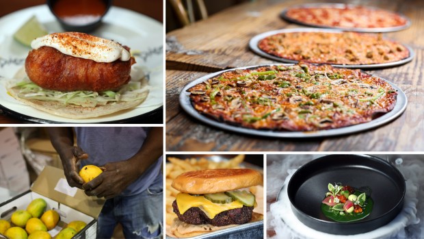 Clockwise from top left is the pescado taco at Diego, a veg supreme pizza at Bungalow by Middle Brow, the aguachile at Cariño, the smoked brisket cheeseburger at Sanders BBQ Supply Co. and specialty mangos from MangoZZ in Romeoville. (Terrence Antonio James and Eileen T. Meslar/Chicago Tribune)