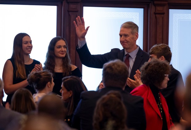 Senate Minority Leader John Curran receives applause after being reelected to his position on Jan. 8, 2025, at the Illinois State Capitol in Springfield. (Brian Cassella/Chicago Tribune)