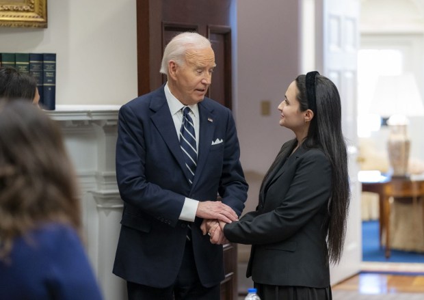 Hanan Shaheen, mother of slain 6-year-old Plainfield boy Wadee Alfayoumi who was fatally stabbed in an October 2023 attack that drew hate-crime charges talks to President Joe Biden during a visit to the White House on Jan. 14, 2025. (Adam Schultz/White House)