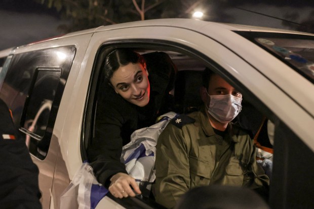 Emily Damari, one of the hostages released today from captivity in Gaza following the ceasefire agreement started between Israel and Hamas, arrives at Sheba Hospital in Ramat Gan, near Tel Aviv, Israel on on Jan. 19, 2025. (Avishag Shaar-Yashuv/The New York Times)