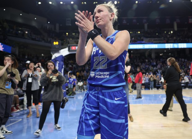 Sky guard Courtney Vandersloot applauds fans after a loss to the Connecticut Sun in Game 5 of a WNBA semifinal series at Wintrust Arena on Sept. 8, 2022. (John J. Kim/Chicago Tribune)