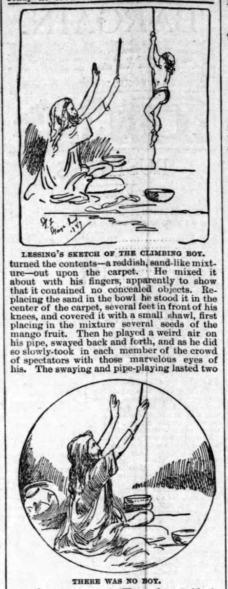 An illustration in the Chicago Tribune from 1890 shows a boy climbing a rope and disappearing. (Chicago Tribune)