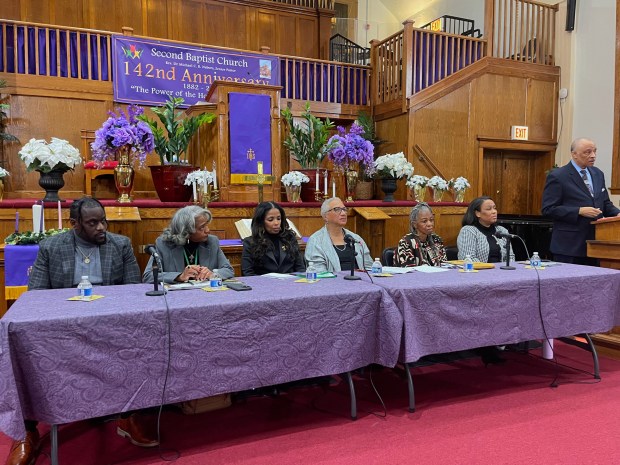 Panelists at a celebration of the five-year anniversary for Evanston passing its reparations ordinance. From left to right: Evanston resident and grandson to Dolores Holmes, Nikko Ross, city council member for the city of Tulsa, Oklahoma, Areva Martin, president of Braxton Institute for Sustainability, Resilience and Joy for Lakeland Now Joanne Braxton, professor emeritus and former chairperson of the Sociology Department at Northern Illinois University Iva Carruthers, Evanston resident Karli Butler. (Richard Requena/Pioneer Press)