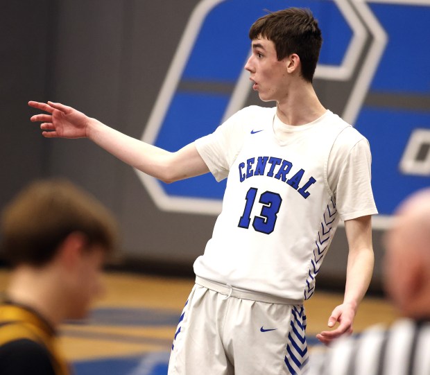 Burlington Central's Patrick Magan (13) reacts to a call during a Fox Valley Conference game against Jacobs Friday, Feb. 14, 2025 in Burlington. (H. Rick Bamman / The Beacon-News)