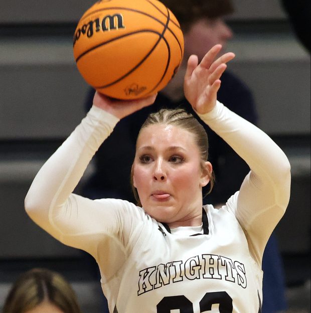 Kaneland's Kendra Brown (23)launches a 3-point shot in the first quarter against Bartlett during a non-conference game in Maple Park on Monday, Feb. 3, 2025.H. Rick Bamman / For the Beacon News