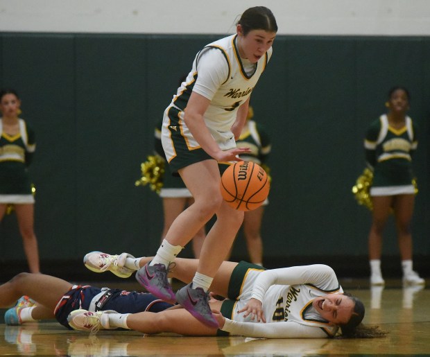 Waubonsie Valley's Maya Cobb (3) comes up with the loose ball and heads up court against West Aurora during the Class 4A Waubonsie Valley Regional final Thursday, Feb. 20, 2025 in Aurora, IL. (Steve Johnston/for The Beacon-News)