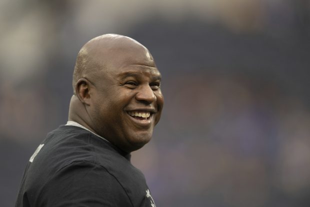 Washington Commanders offensive coordinator Eric Bieniemy before an NFL football game against the Los Angeles Rams, Sunday, Dec. 17, 2023, in Inglewood, Calif. (AP Photo/Kyusung Gong)