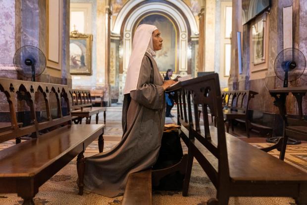 Missionary nun Maria Engracia, from Mexico, prays for the health of Pope Francis at the Metropolitan Cathedral in Buenos Aires, Buenos Aires, Argentina on Feb. 21, 2025. (Rodrigo Abd/AP)