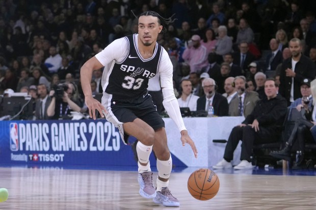 Spurs' Tre Jones drives to the basket against the Pacers during the second half on Jan. 23, 2025. (AP Photo/Thibault Camus)