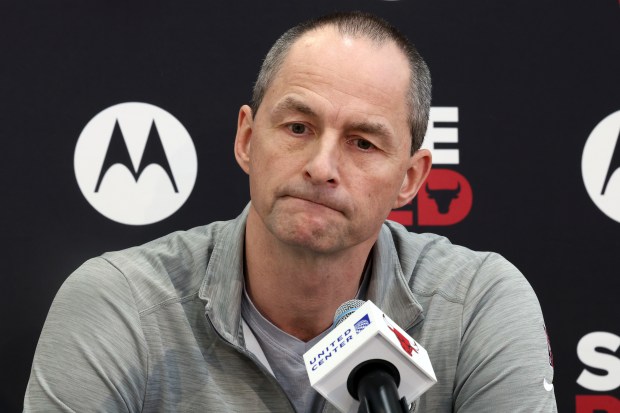 Bulls executive vice president of basketball operations Artūras Karnišovas speaks to the media on Feb. 6, 2025, at the Advocate Center. (Terrence Antonio James/Chicago Tribune)