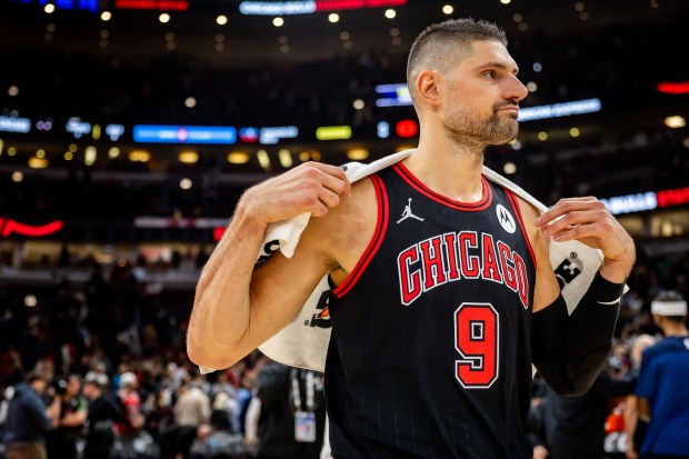 Bulls center Nikola Vučević walks off the court after a 135-119 loss to the Timberwolves on Nov. 7, 2024, at the United Center. (Tess Crowley/Chicago Tribune)