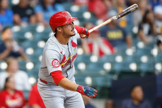 The Cardinals' Nolan Arenado hits a run-scoring sacrifice fly in the first inning against the Brewers at American Family Field on Sept. 3, 2024 in Milwaukee. (Photo by John Fisher/Getty Images)