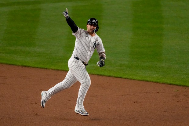 The Yankees' Gleyber Torres celebrates a three-run home run against the Dodgers during the eighth inning in Game 4 of the World Series on Oct. 29, 2024, in New York. (AP Photo/Frank Franklin II)