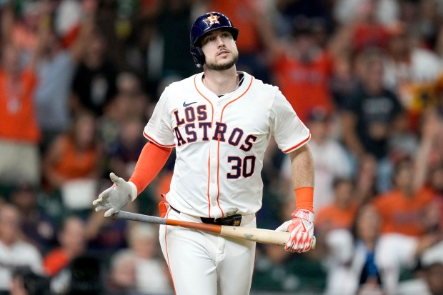 The Astros' Kyle Tucker watches his solo home run during the seventh inning against the Angels on Sept. 21, 2024, in Houston. (AP Photo/Eric Christian Smith)