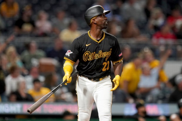 The Pirates' Andrew McCutchen watches his three-run home run during the fifth inning against the Marlins on Sept. 10, 2024, in Pittsburgh. (AP Photo/Matt Freed)