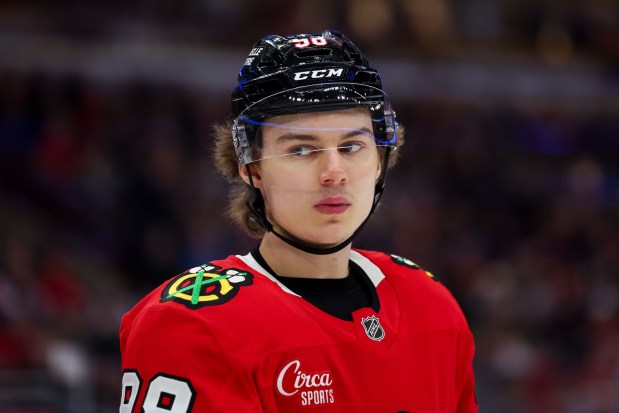 Chicago Blackhawks center Connor Bedard (98) skates on the ice during the first period against the Edmonton Oilers at the United Center Wednesday Feb. 5, 2025, in Chicago. (Armando L. Sanchez/Chicago Tribune)