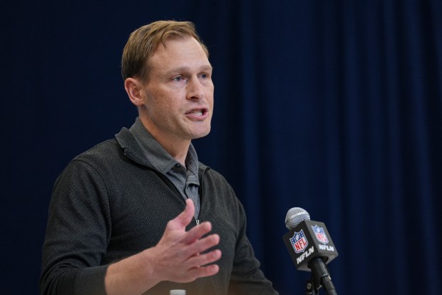 Bears coach Ben Johnson speaks during a news conference at the NFL scouting combine in Indianapolis on Tuesday, Feb. 25, 2025. (AP Photo/Michael Conroy)