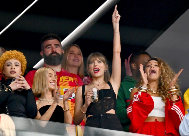 From left, Ice Spice, Ashley Avignone, Jason Kelce, Taylor Swift and Blake Lively watch Super Bowl LVIII between the 49ers and Chiefs at Allegiant Stadium in Las Vegas on Feb. 11, 2024. (Jose Carlos Fajardo/Bay Area News Group)