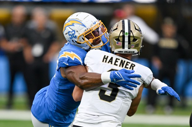 The Chargers Khalil Mack' sacks Saints quarterback Jake Haener on Oct. 27, 2024, in Inglewood, Calif. (David Crane/Los Angeles Daily News)