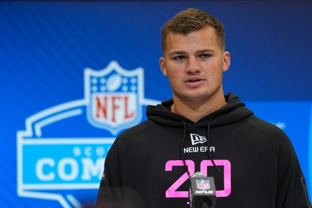 LSU tight end Mason Taylor speaks during a news conference at the NFL scouting combine Thursday, Feb. 27, 2025, in Indianapolis. (AP Photo/Michael Conroy)