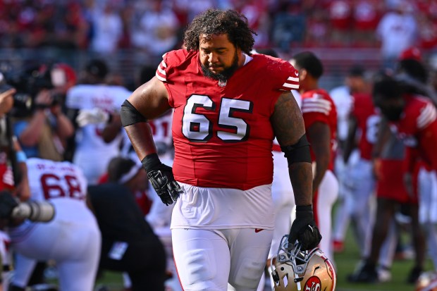 San Francisco 49ers guard Aaron Banks walks off the field after a loss to the Cardinals on Oct. 6, 2024, in Santa Clara, Calif. (Jose Carlos Fajardo/Bay Area News Group)