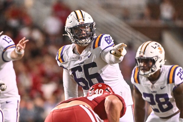 LSU tackle Will Campbell gets ready for a play against Arkansas on Oct. 19, 2024, in Fayetteville, Ark. (AP Photo/Michael Woods)