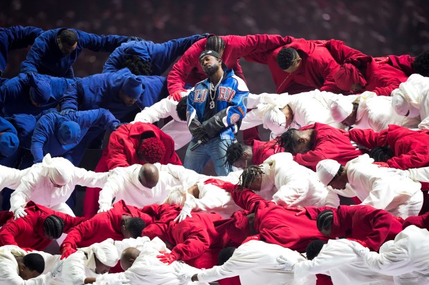 Kendrick Lamar performs during halftime of the Super Bowl on Sunday, Feb. 9, 2025, in New Orleans. (AP Photo/Matt Slocum)