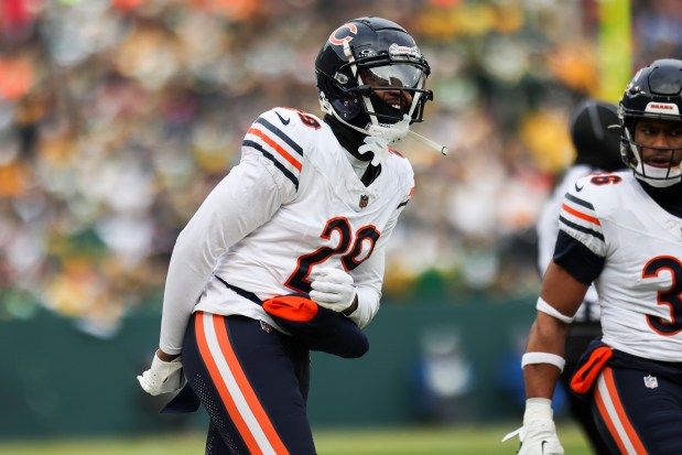 Bears cornerback Tyrique Stevenson celebrates after he made a big tackle on Packers wide receiver Bo Melton on Jan. 5, 2025, in Green Bay. (Eileen T. Meslar/Chicago Tribune)