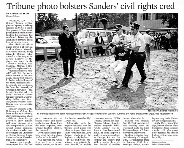 Young University of Chicago student Bernie Sanders was arrested Aug. 12, 1963, and charged with resisting arrest. He was found guilty and fined $25, according to a Tribune story. (Chicago Tribune)