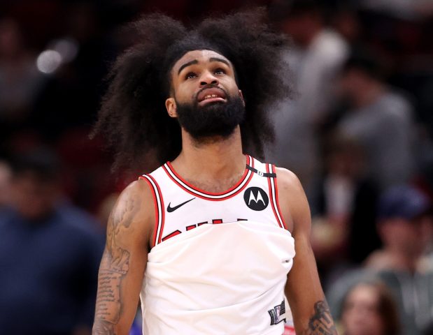 Bulls guard Coby White reacts during a game against the Pistons on Feb. 12, 2025, at the United Center. (Luke Hales/Getty Images)