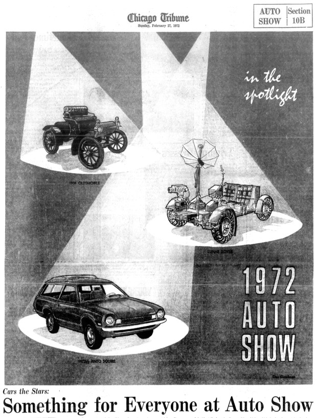 One year after the Chicago Auto Show hosted almost 1 million visitors, the event went even bigger for 1972. A Curved Dash the oldest car in the show was joined by a lunar rover and the new subcompact Ford Pinto station wagon. (Chicago Tribune)