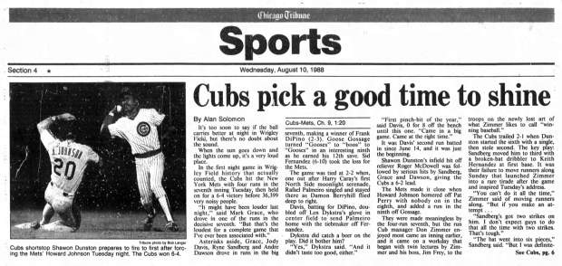 Though a slightly smaller crowd showed up for the first complete night game at Wrigley Field on Aug. 9, 1988, the Chicago Cubs provided the fireworks by beating the New York Mets 6-4. (Chicago Tribune)