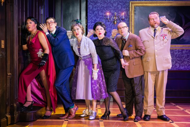 The cast of the North American tour of "Clue," now at the CIBC Theatre in Chicago. (Evan Zimmerman)