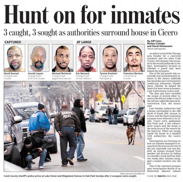 Six inmates escaped from the most secure tier of Cook County Jail on Feb. 12, 2006 just one day after another inmate escaped from another jail division by hiding in a laundry truck. (Chicago Tribune)