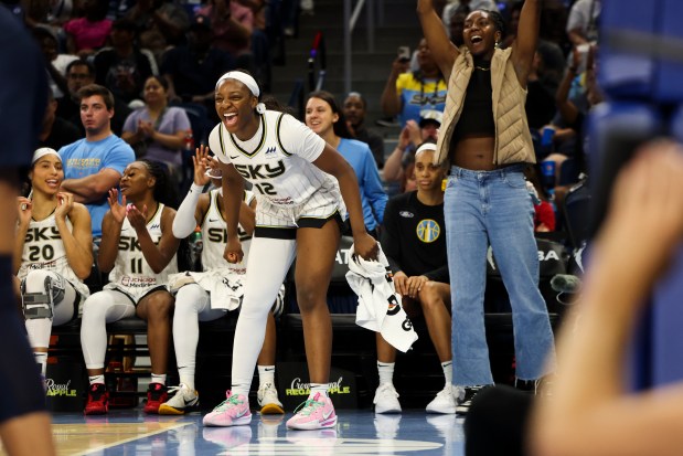 The Sky's Michaela Onyenwere and her teammates cheer during the game against the Wings at Wintrust Arena on June 20, 2024. (Eileen T. Meslar/Chicago Tribune)