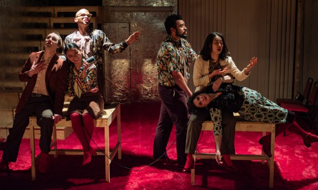 Clifton Frei, Mikayla De Guzman, Felix Mayes, Bide Akande, Seoyoung Park and Amy Gorelow in "Attempts On Her Life" by TUTA Theatre. (Candice Lee Conner)