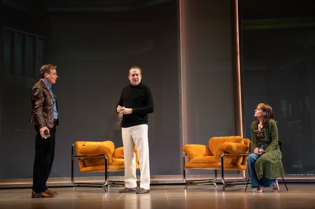 Robert Sean Leonard, Ian Barford and Helen Hunt in "Betrayal" in the Goodman's Albert Theatre. (Joan Marcus)