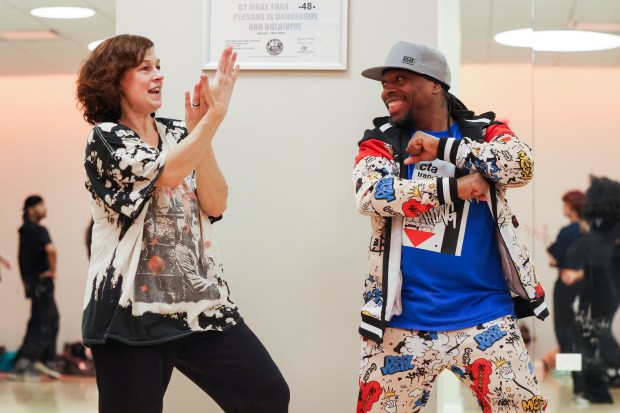 Kelsa "K-Soul" Rieger-Haywood and Daniel "Bravemonk" Haywood, co-curators of B-Series, teach a hip hop and street dance class at the Dance Center of Columbia College Chicago on Feb. 3, 2025. (Eileen T. Meslar/Chicago Tribune)