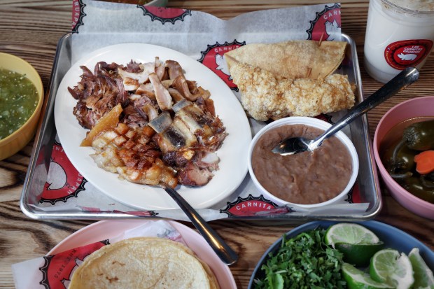 The Carnitas Especial meal at Las Carnitas Uruapan on Feb. 18, 2025. (Terrence Antonio James/Chicago Tribune)